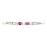 Edwardian Diamond, Pearl & Synthetic Ruby Bar Brooch